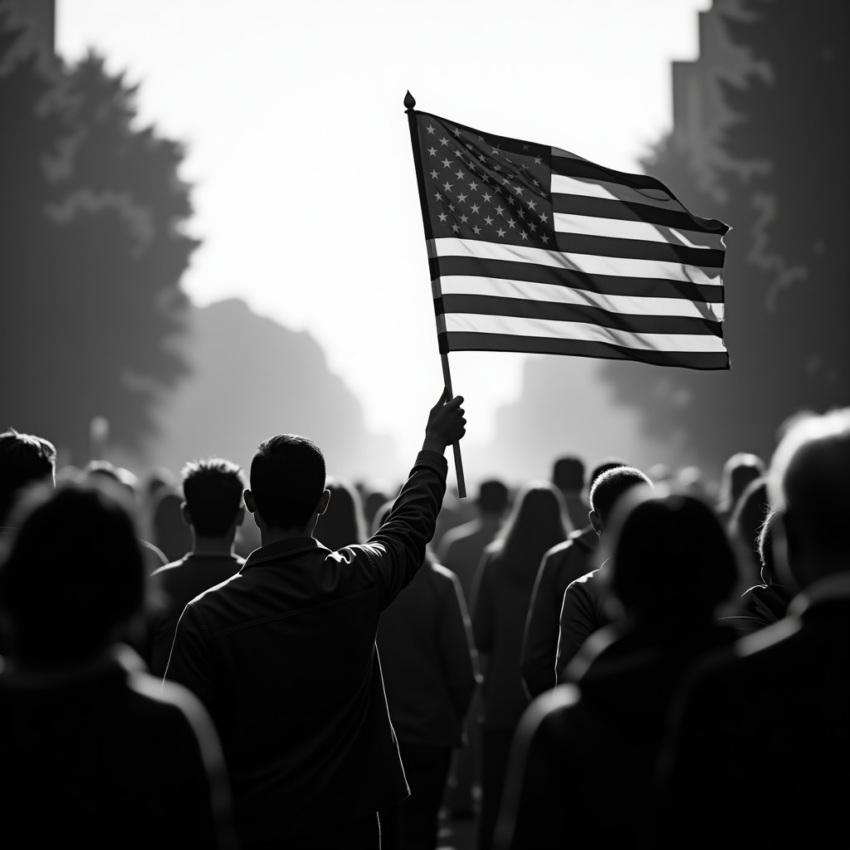 Person seen from behind holds an American flag aloft in a silhouetted crowd.