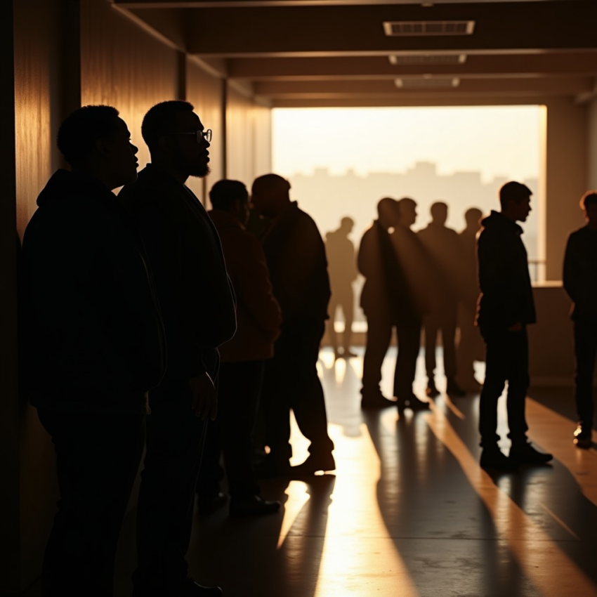 Silhouetted men stand in a warm, sunlit hallway, casting long shadows on the floor.