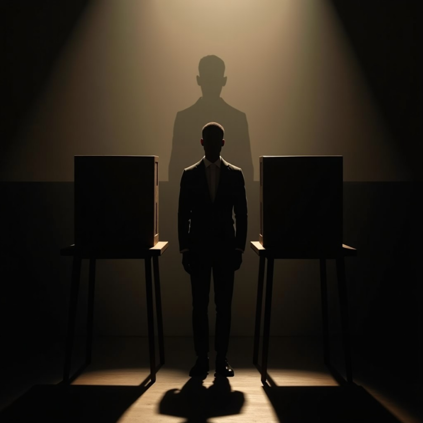 Black man in suit silhouette stands between two dark boxes, large shadow on wall.
