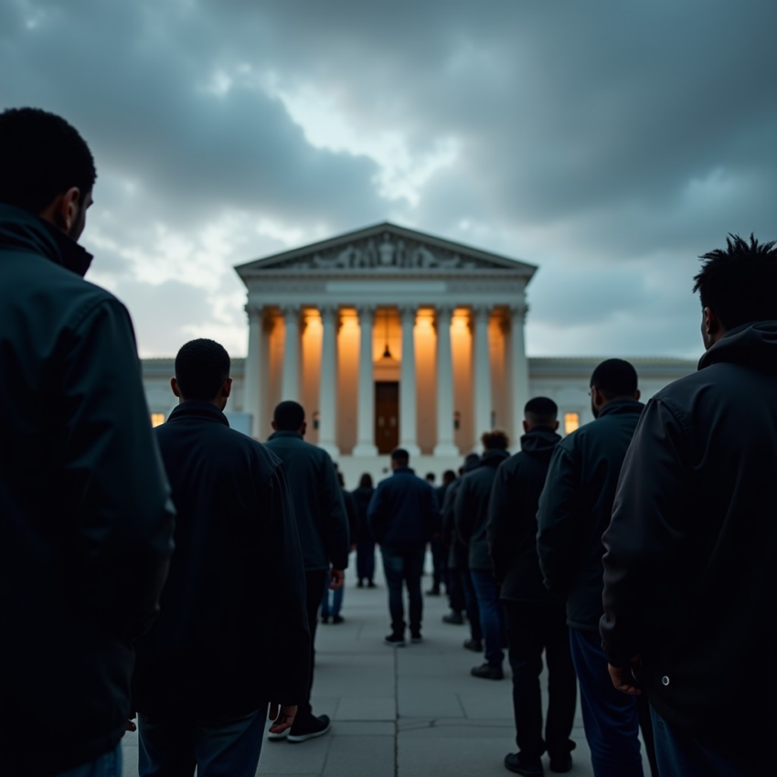 People in dark clothing stand in rows facing the illuminated Supreme Court building.