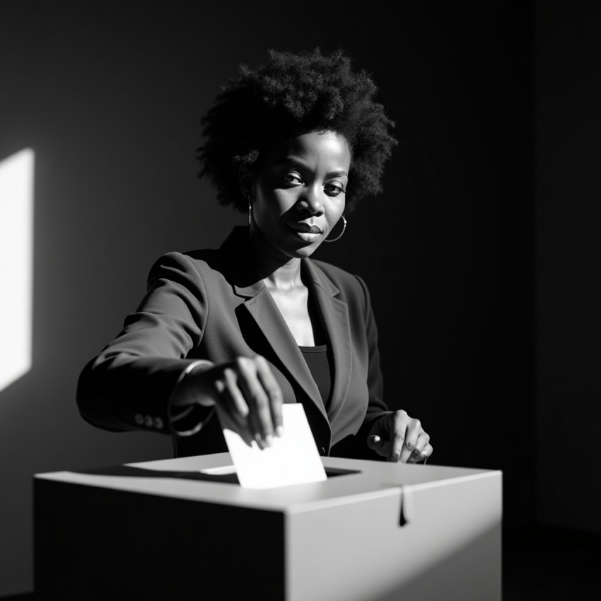 Black woman with afro hair casts ballot into box, making eye contact.