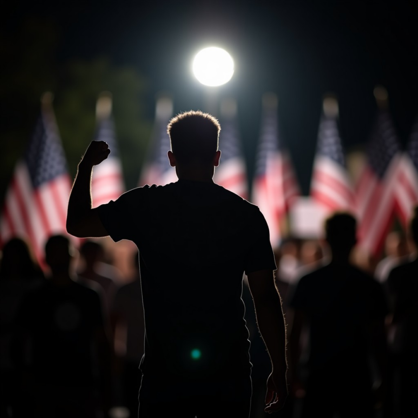 Silhouetted person with raised clenched fist, backlit, with American flags and crowd in background.