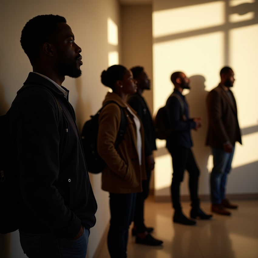 Five Black individuals stand in a line in a sunlit hallway.