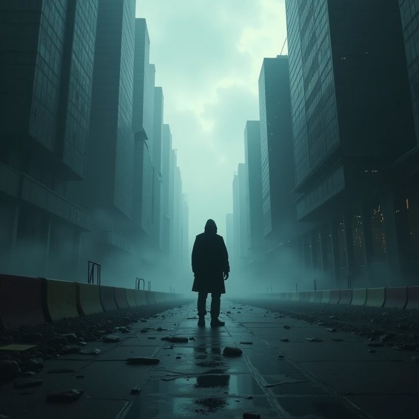 Dark hooded figure on a wet, rubble-strewn city street in dense fog.
