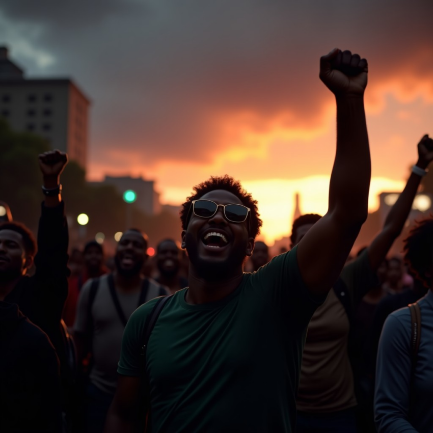 Crowd of Black men raising fists with joyful expressions at sunset.
