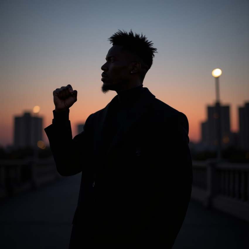 Silhouetted Black man with raised fist against a sunset city skyline.