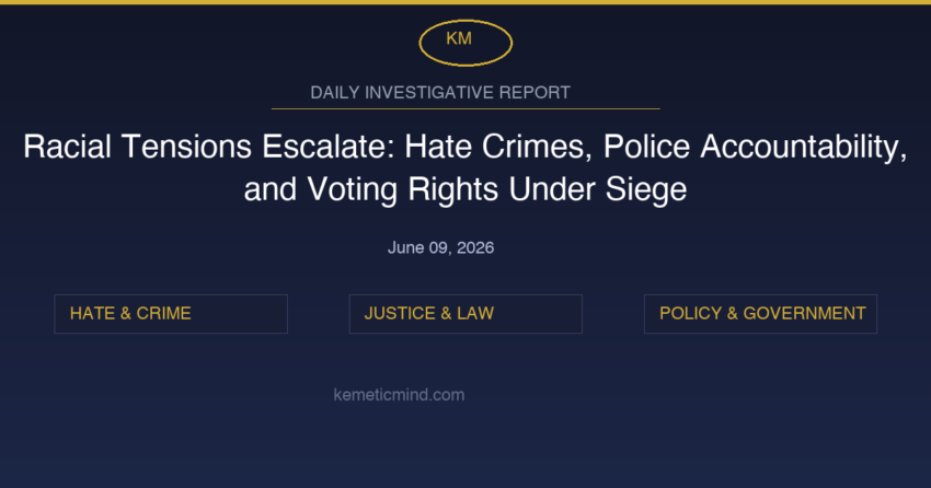 Kemetic Minds news blog post titled 'Racial Tensions Escalate' with categories Hate & Crime, Justice & Law, Policy & Government.