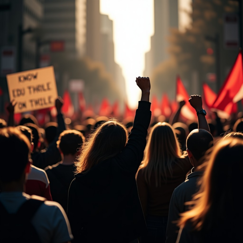 Crowd of people raising fists in protest, red flags in background.