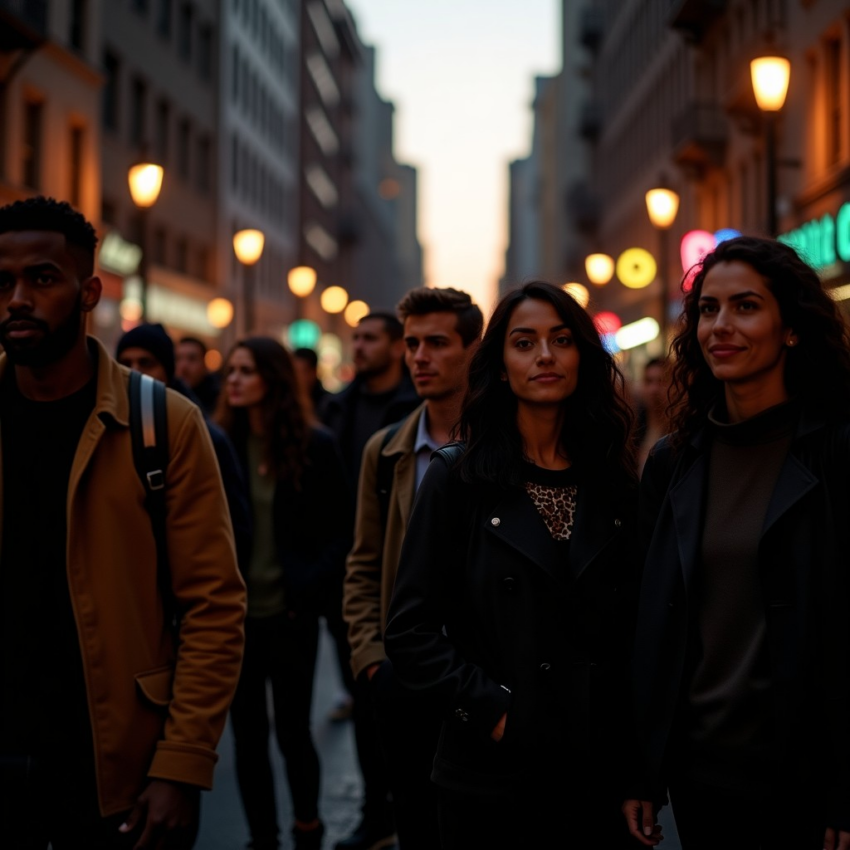 Diverse group of people walking on a city street at night under streetlights.