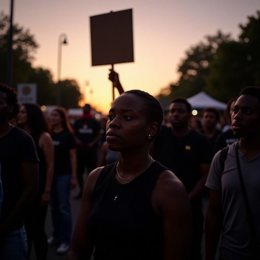 Black woman in foreground, attentive, with a crowd and blank protest sign at sunset.
