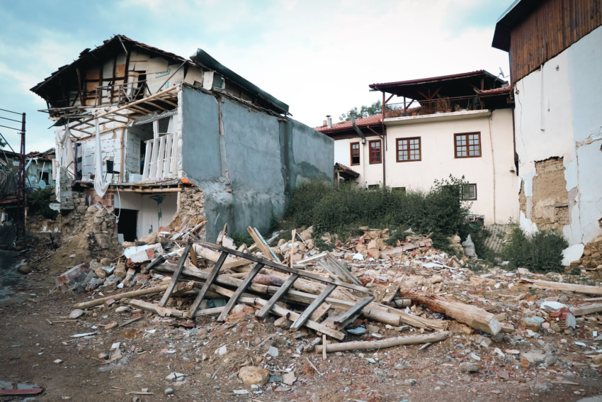 Earthquake aftermath — collapsed buildings and emergency rescue operations