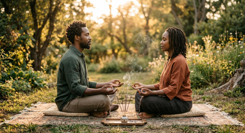 Black couple meditating outdoors with incense under the sun