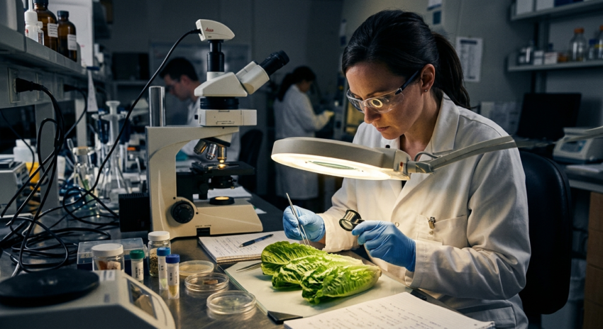 A food safety inspector examining leafy greens in a laboratory