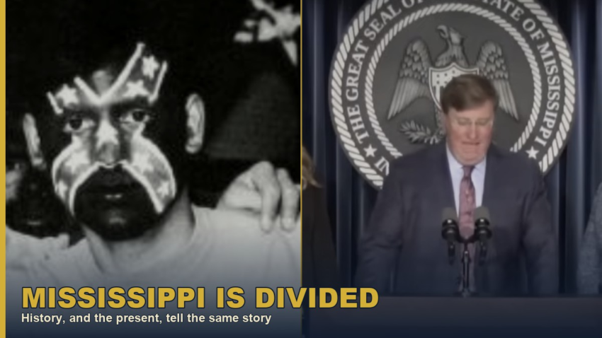 Collage: historical Klan-era racial terror imagery alongside Gov. Tate Reeves's July 2026 press conference