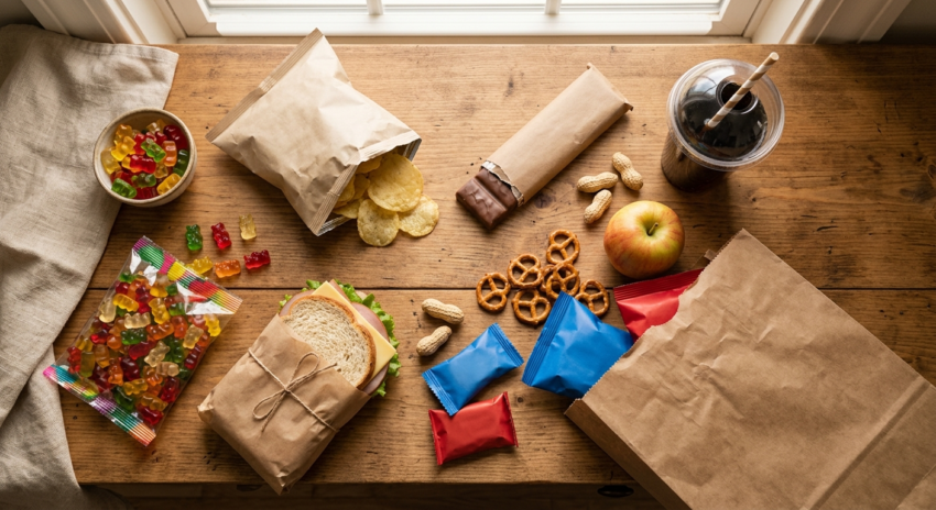 A surprise bag haul of snacks and a sandwich from a food-saving app
