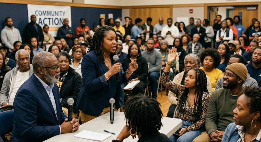 Black community members at a town hall meeting