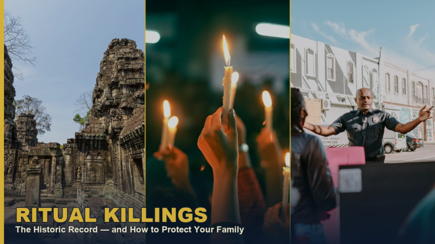 Ancient temple ruins, a candlelight vigil, and a community safety meeting, collage