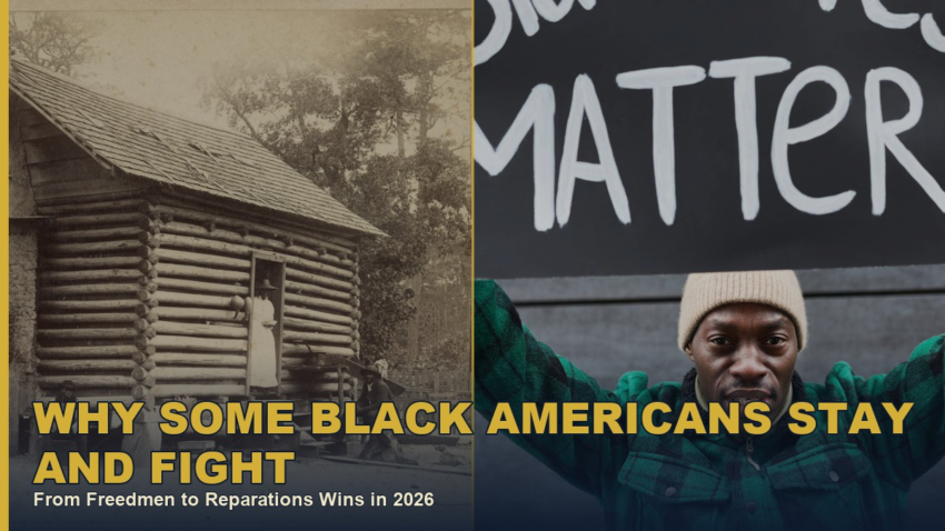 Formerly enslaved Freedmen family in Savannah, Georgia in 1867, alongside a Black voter at the polls and a Black organizer holding a Black Lives Matter sign today, collage