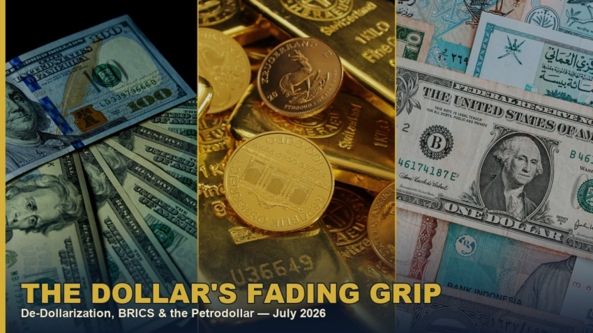 Collage of U.S. dollar bills, gold bars, and world currencies representing global de-dollarization