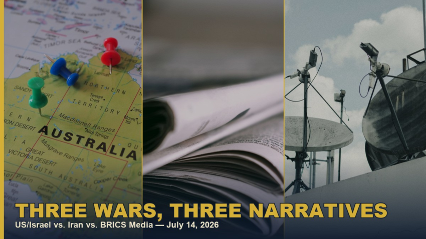 Split image representing competing global media narratives on the Iran war