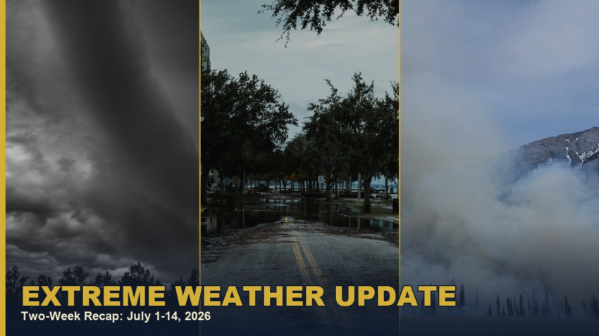 Storm clouds, flash flooding, and wildfire smoke, collage