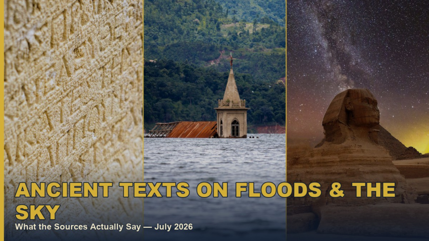 Ancient stone tablet, flooded ruins, and a starry night sky, collage