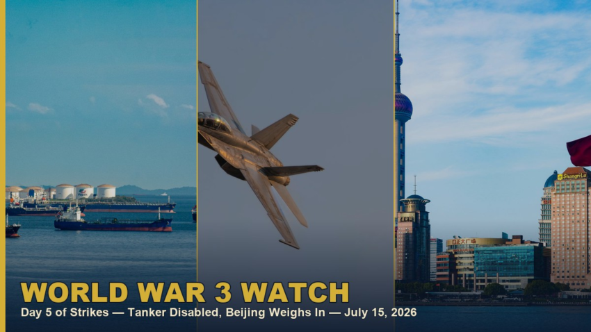 Tanker fire, fighter jet, and Shanghai skyline, collage