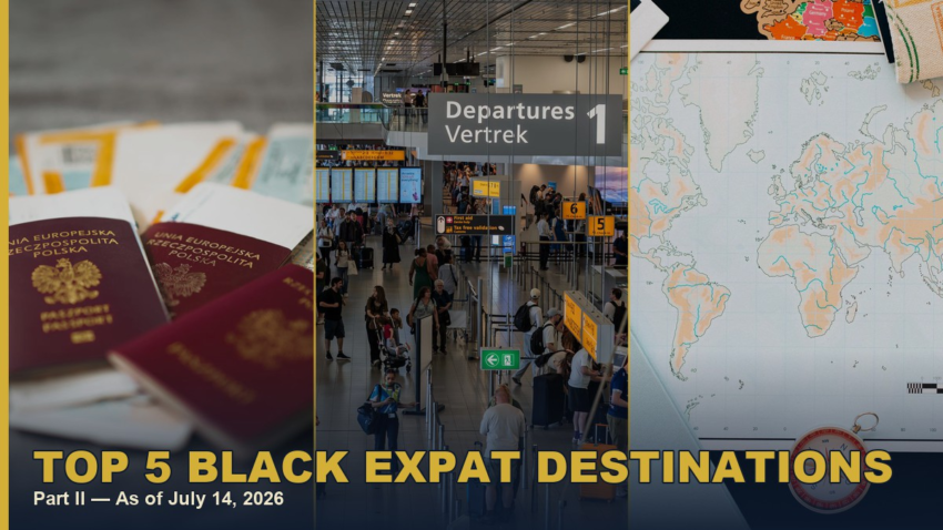Passport, airport, and world map collage for Black American expat destinations, Part II