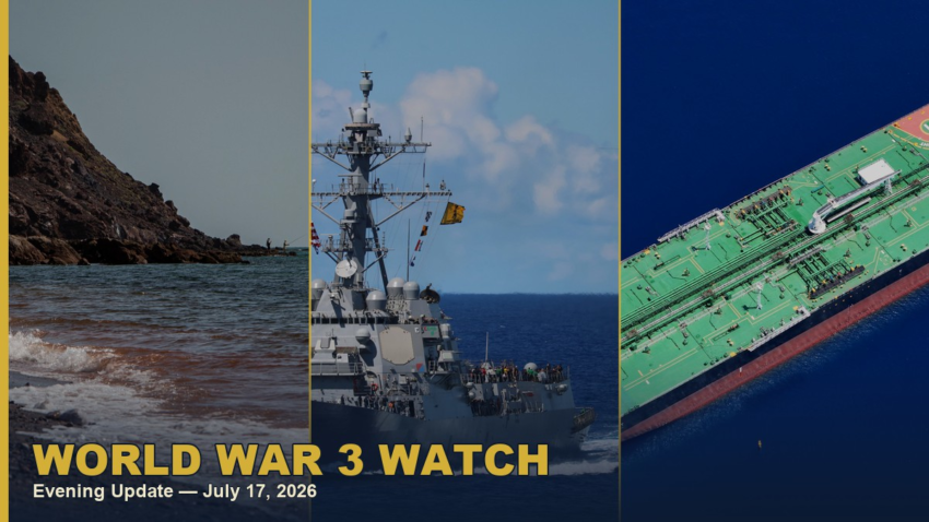 Hormoz Island Iran, US Navy destroyer, and oil tanker collage, World War 3 Watch evening update