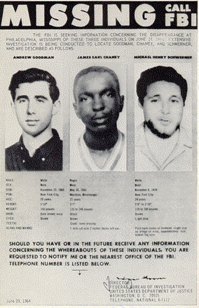 FBI missing-persons poster for James Chaney, Andrew Goodman, and Michael Schwerner, June 29 1964