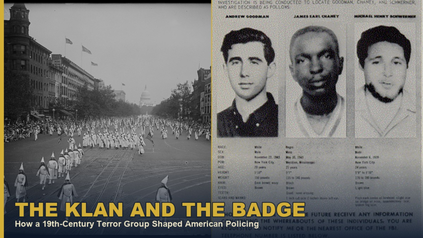 1926 Ku Klux Klan march on Washington, D.C., beside the FBI's 1964 Mississippi Burning missing-persons poster, collage
