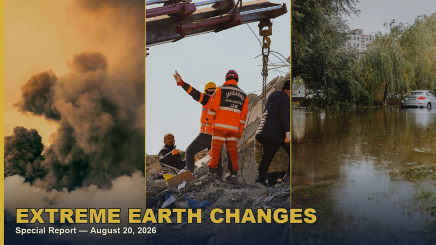 Extreme earth changes collage: volcano, earthquake, flood