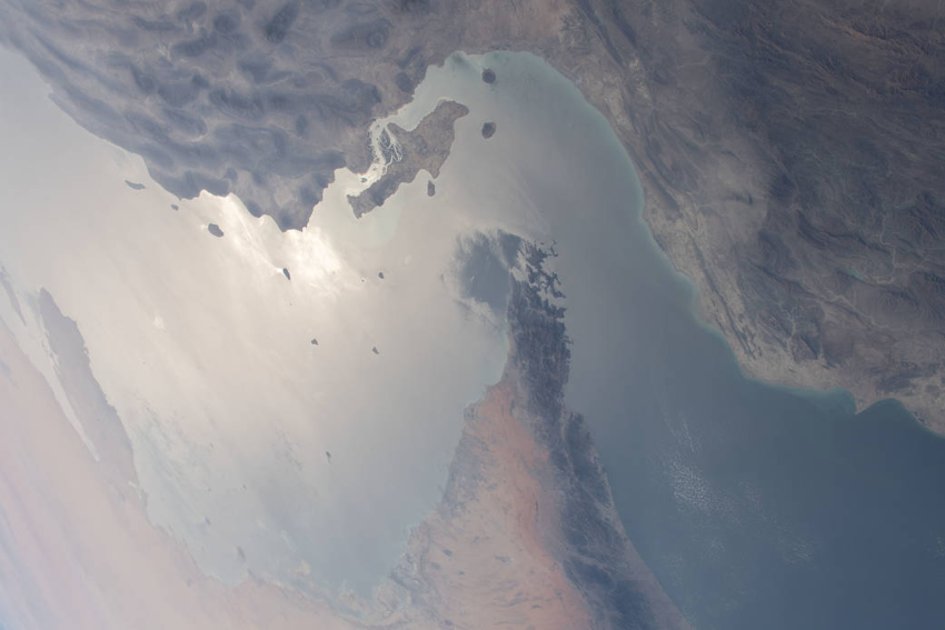 The Strait of Hormuz photographed from the International Space Station on March 24, 2021. Archival geographic context; not a current ship-traffic image.
