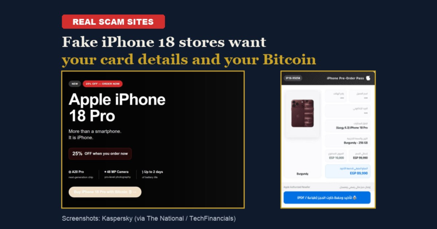 Two real fake-store screenshots released by Kaspersky: an English iPhone 18 Pro page selling with Bitcoin at 25 percent off, and an Arabic pre-order pass asking for a 10,000 Egyptian pound deposit.