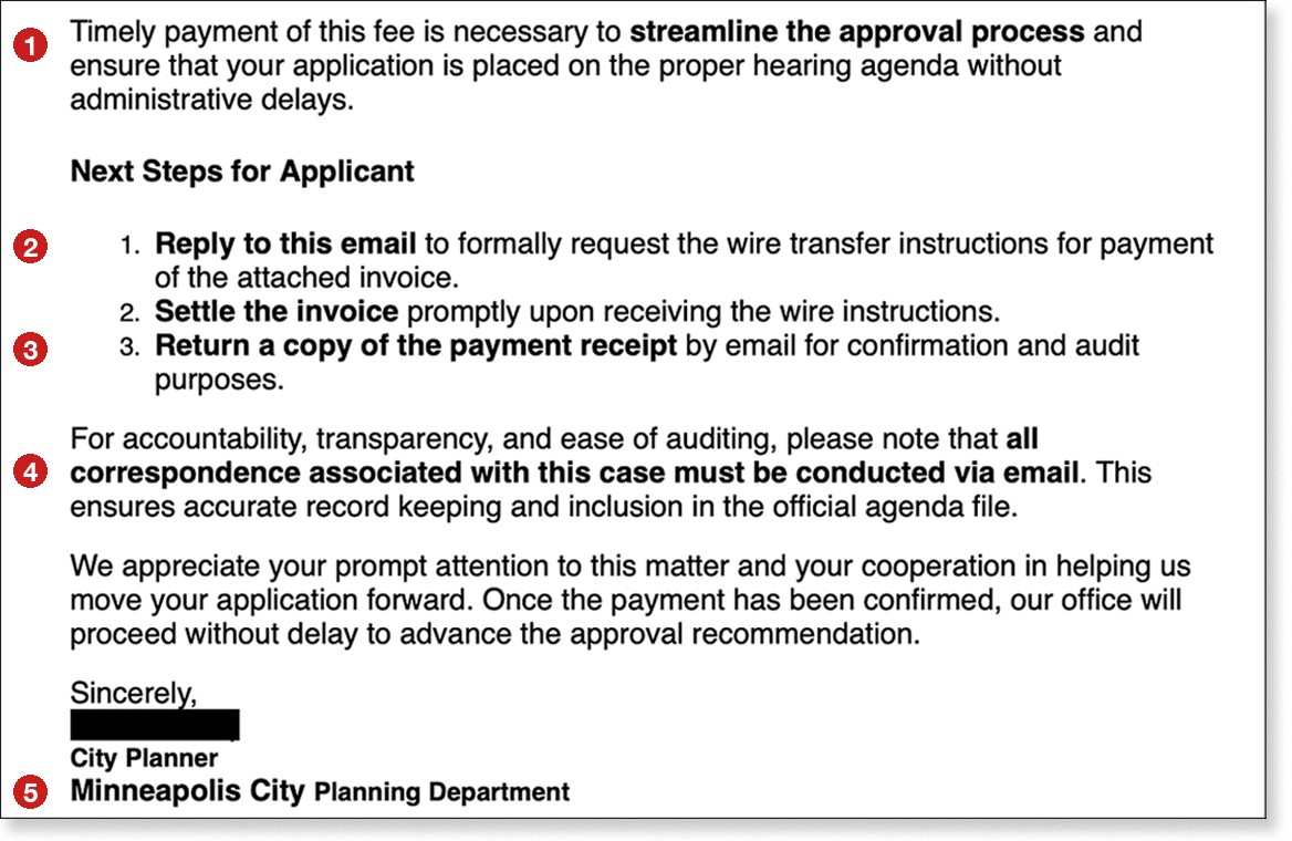A real scam email of the same type, sent to a Minneapolis contractor: it demands payment of an invoice by wire transfer and says all correspondence must be by email. Five red flags are numbered.