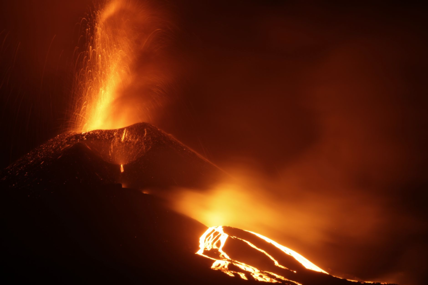 Volcanic eruption at night