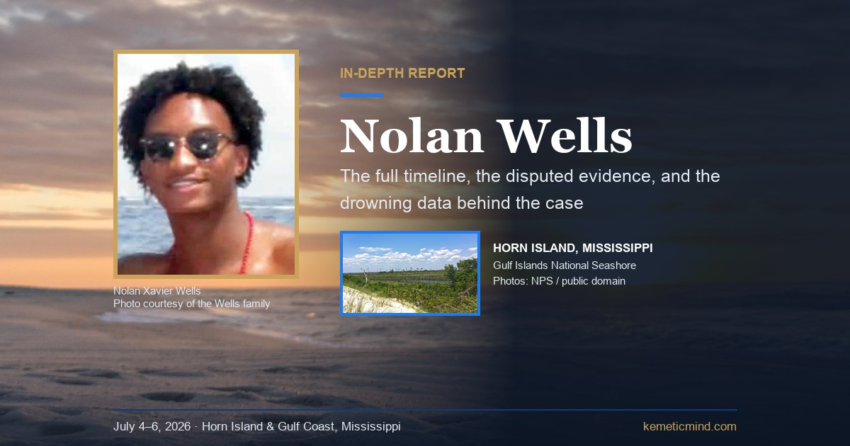 Nolan Xavier Wells (photo courtesy of the Wells family) beside the headline Nolan Wells: the full timeline, the disputed evidence, and the drowning data behind the case, with an inset of Horn Island, Mississippi (Gulf Islands National Seashore, NPS public domain), over a public-domain sunset photo of the island shoreline.