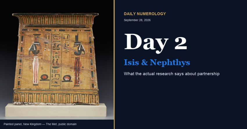 Ancient Egyptian painted panel from the New Kingdom depicting the goddesses Isis and Nephthys facing each other (The Metropolitan Museum of Art, public domain), with the headline Universal Day Number 2: Isis, Nephthys, and what the actual research says about partnership.