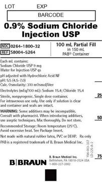 Front panel of B. Braun 0.9% Sodium Chloride Injection USP, 100 mL, PAB® Container
