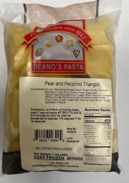 Deano’s Pasta Pear and Pecorino Triangoli Ravioli packed in 1 lb. bag, UPC 644216993994