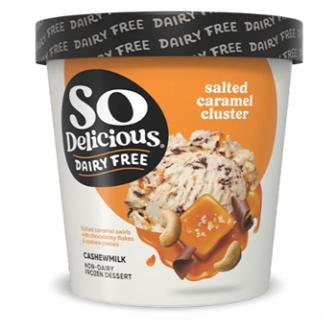Front of container, So Delicious Dairy Free Salted Caramel Cluster Non-Dairy Frozen Dessert pint