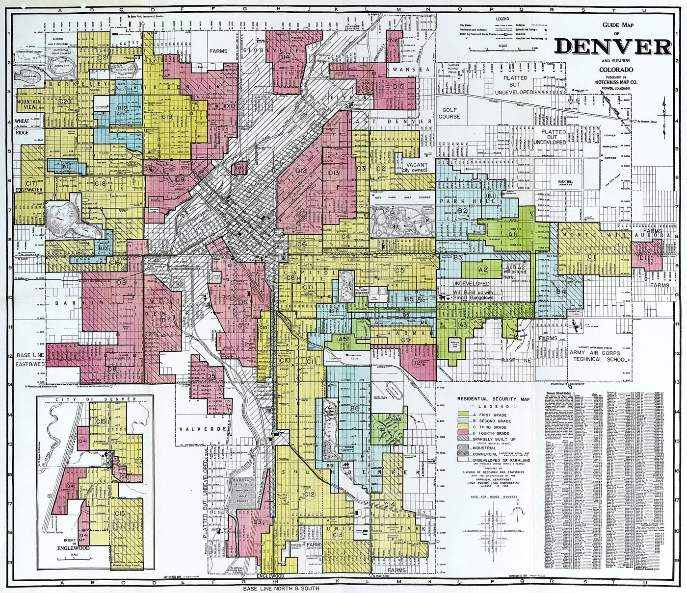 1938 federal redlining map of Denver with neighborhoods shaded by lending grade