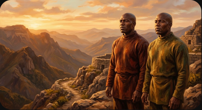 Black American men in Olmec-inspired attire standing side by side overlooking a mountain vista - Universal Day 2, Balance & Partnership | September 10, 2026
