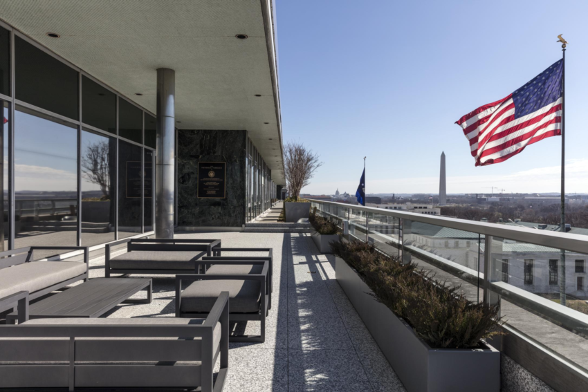 Terrace at the Harry S. Truman Federal Building, U.S. Department of State headquarters, February 23, 2016. Institutional context for the travel-advisory story; not a scene from Spain.