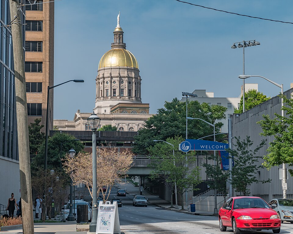Street-level photo: Georgia State Capitol viewed from the corner of Decatur Street and Piedmont Avenue, June 2015. Note that location indicates the vantage point of the photographer.