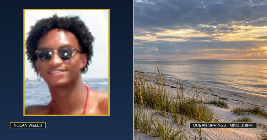 Side-by-side featured photo: portrait of 18-year-old Nolan Wells on the left, and the Ocean Springs coastal shoreline on the right.