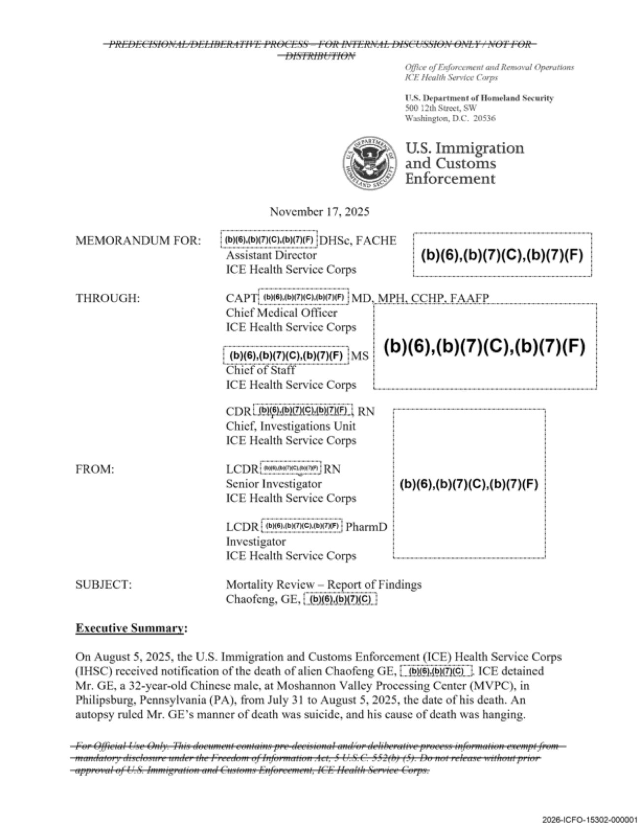 First page of ICE Health Service Corps memorandum, Mortality Review, Report of Findings, Chaofeng Ge, dated November 17, 2025, with redaction boxes