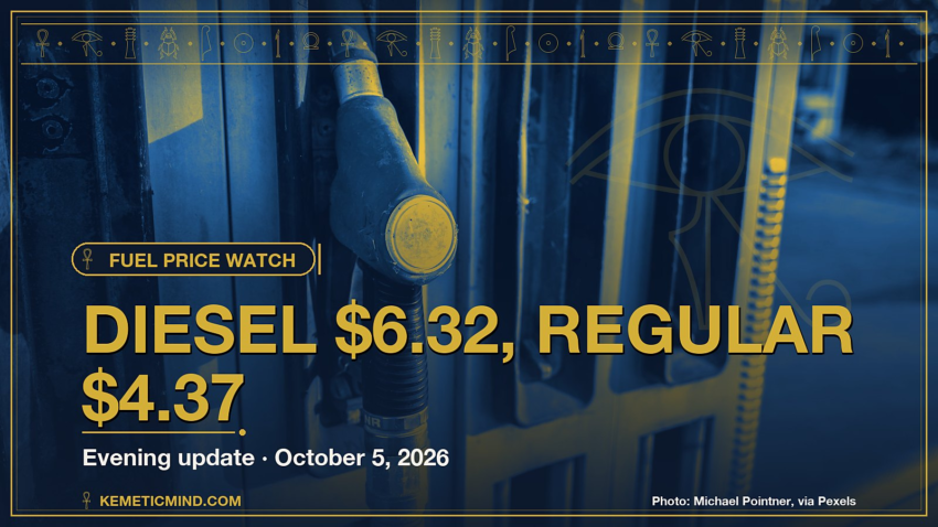Fuel Price Watch — Evening, October 5, 2026: Diesel $6.32, Regular $4.37. Photo: Michael Pointner, via Pexels