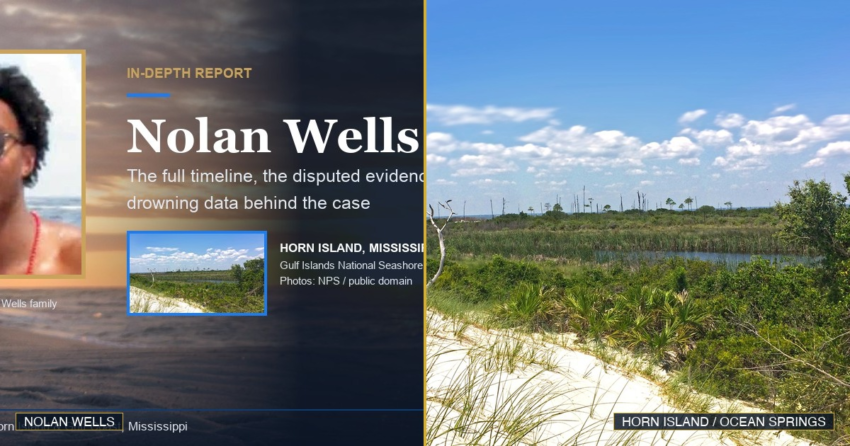 Side-by-side investigative composite photograph: portrait of 18-year-old Nolan Wells on the left, and Horn Island / Ocean Springs coast on the right.