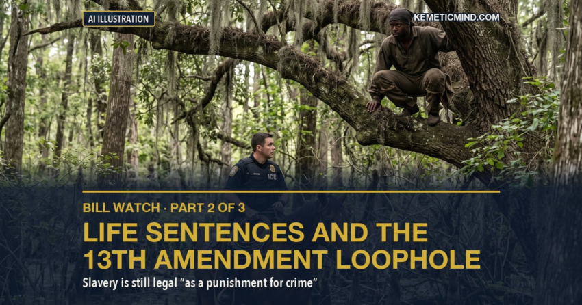 AI illustration: an ICE officer on horseback looks up at a Black man crouched on a mossy oak branch in a Southern swamp